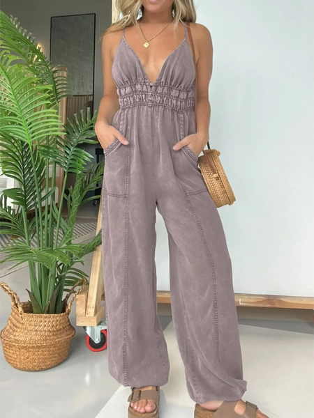 Babe Beachwear spaghetti strap summer jumpsuit in mauve with a deep V-neck and wide-leg pants