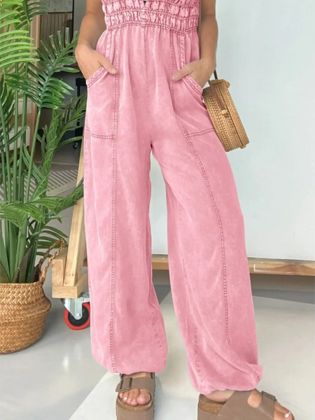 Pink Babe Beachwear spaghetti strap summer jumpsuit with wide legs and side pockets