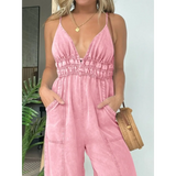 Babe Beachwear pink spaghetti strap summer jumpsuit with deep neckline and pockets