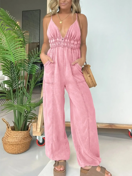 Babe Beachwear pink spaghetti strap summer jumpsuit with wide legs and pockets