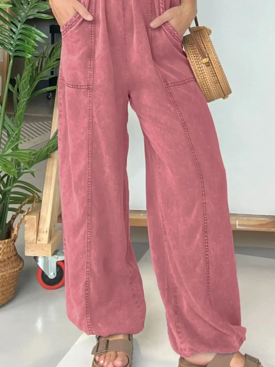 Babe Beachwaer spaghetti strap summer jumpsuit in dusty rose with wide legs and front pockets