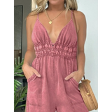 Babe Beachwear pink spaghetti strap summer jumpsuit with ruched waist and pockets