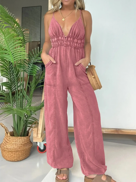 Babe Beachwear spaghetti strap summer jumpsuit in pink with deep v-neck and wide legs