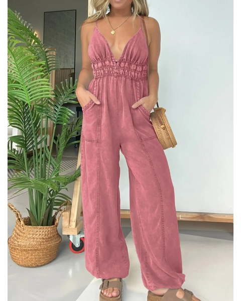 Babe Beachwear spaghetti strap summer jumpsuit in pink with deep v-neck and wide legs
