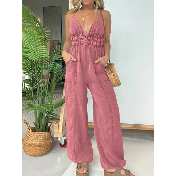 Babe Beachwear spaghetti strap summer jumpsuit in pink with deep v-neck and wide legs