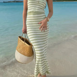 Trendsi summer knit skirt and top set in green and white stripes worn on the beach