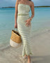 Trendsi summer knit skirt and top set in green and white stripes worn on the beach