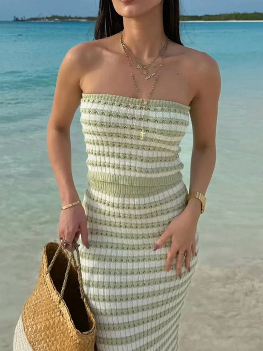 Trendsi summer knit skirt and top set worn by woman at the beach with striped design and strapless fit