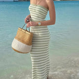 Trendsi summer knit skirt and top set striped in light green and white perfect for beachwear