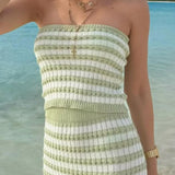 Trendsi summer knit skirt and top set in green and white stripes perfect for beach wear