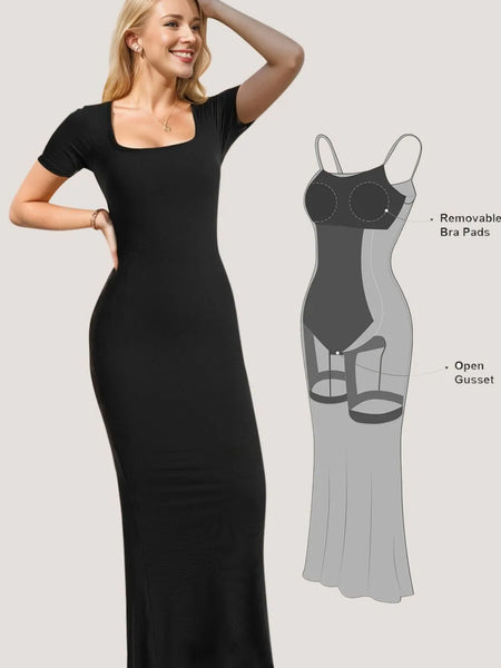 Trendsi summer shapewear dress with bra pads in black maxi length and short sleeves