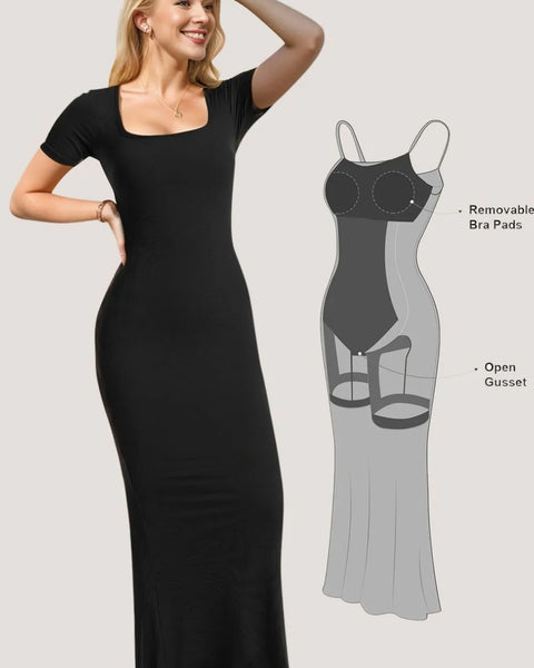 Trendsi summer shapewear dress with bra pads in black maxi length and short sleeves