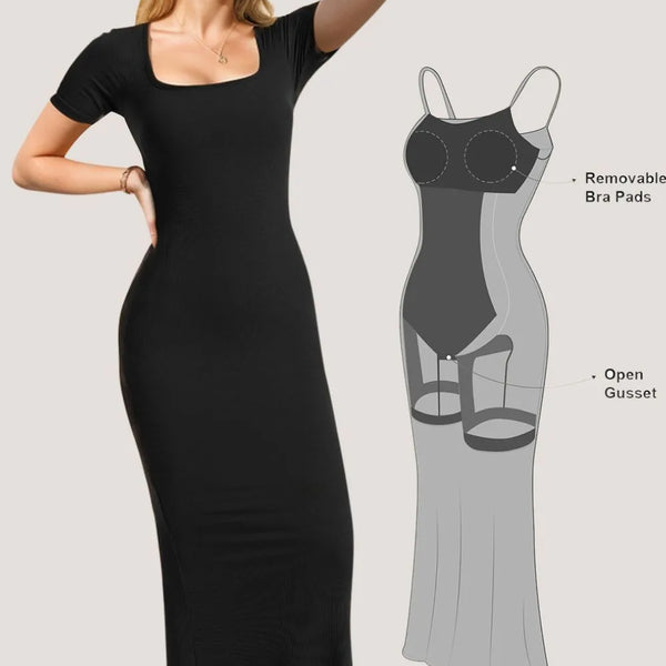 Trendsi summer shapewear dress with bra pads in black maxi length and short sleeves