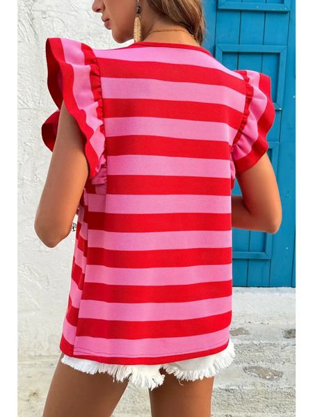 Cute striped ruffle sleeve summer top in red and pink worn with white shorts