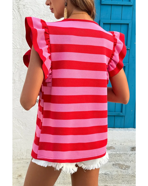 Cute striped ruffle sleeve summer top in red and pink worn with white shorts