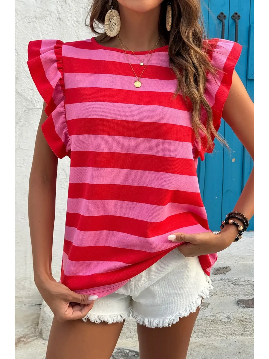 Trendsi sleeveless striped ruffle sleeve summer top in red and pink worn with white shorts