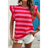 Trendsi sleeveless striped ruffle sleeve summer top in red and pink worn with white shorts