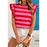 Pink and Red sleeveless striped ruffle sleeve summer top in red and pink worn with white shorts
