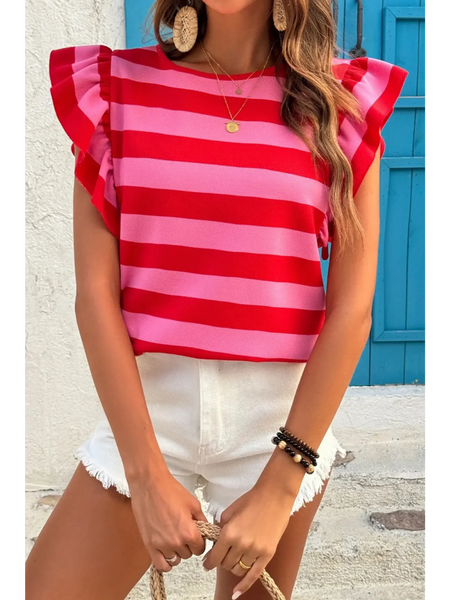 Pink and Red sleeveless striped ruffle sleeve summer top in red and pink worn with white shorts