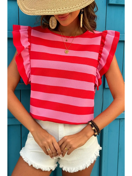 Trendsi sleeveless striped ruffle sleeve summer top in red and pink paired with white shorts