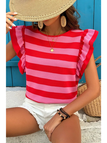 Sleeveless striped ruffle sleeve summer top in red and pink worn with white shorts
