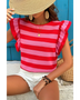 Sleeveless striped ruffle sleeve summer top in red and pink worn with white shorts