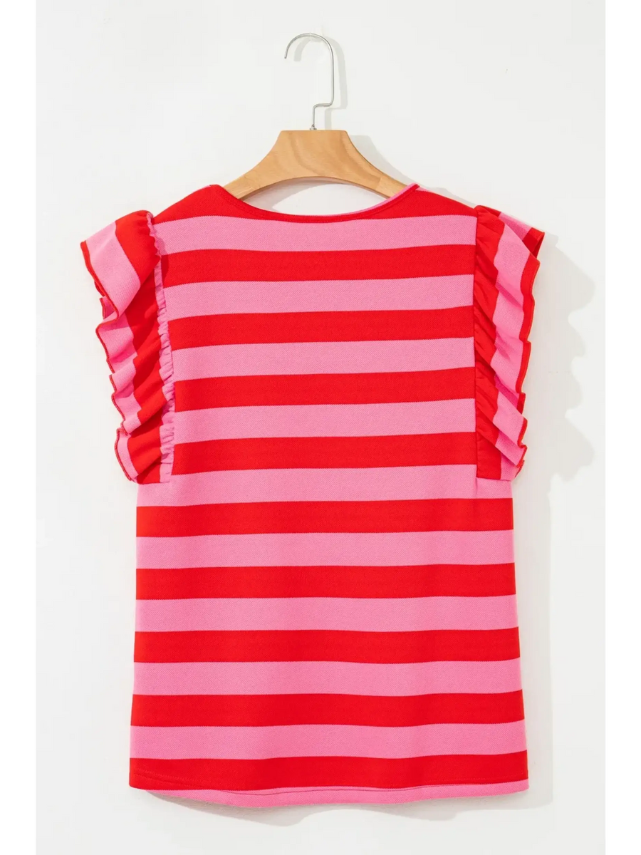Trendsi striped ruffle sleeve summer top in pink and red with sleeveless design