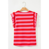 Trendsi striped ruffle sleeve summer top in pink and red with sleeveless design