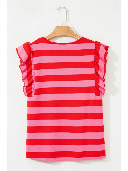 Trendsi striped ruffle sleeve summer top in pink and red with sleeveless design