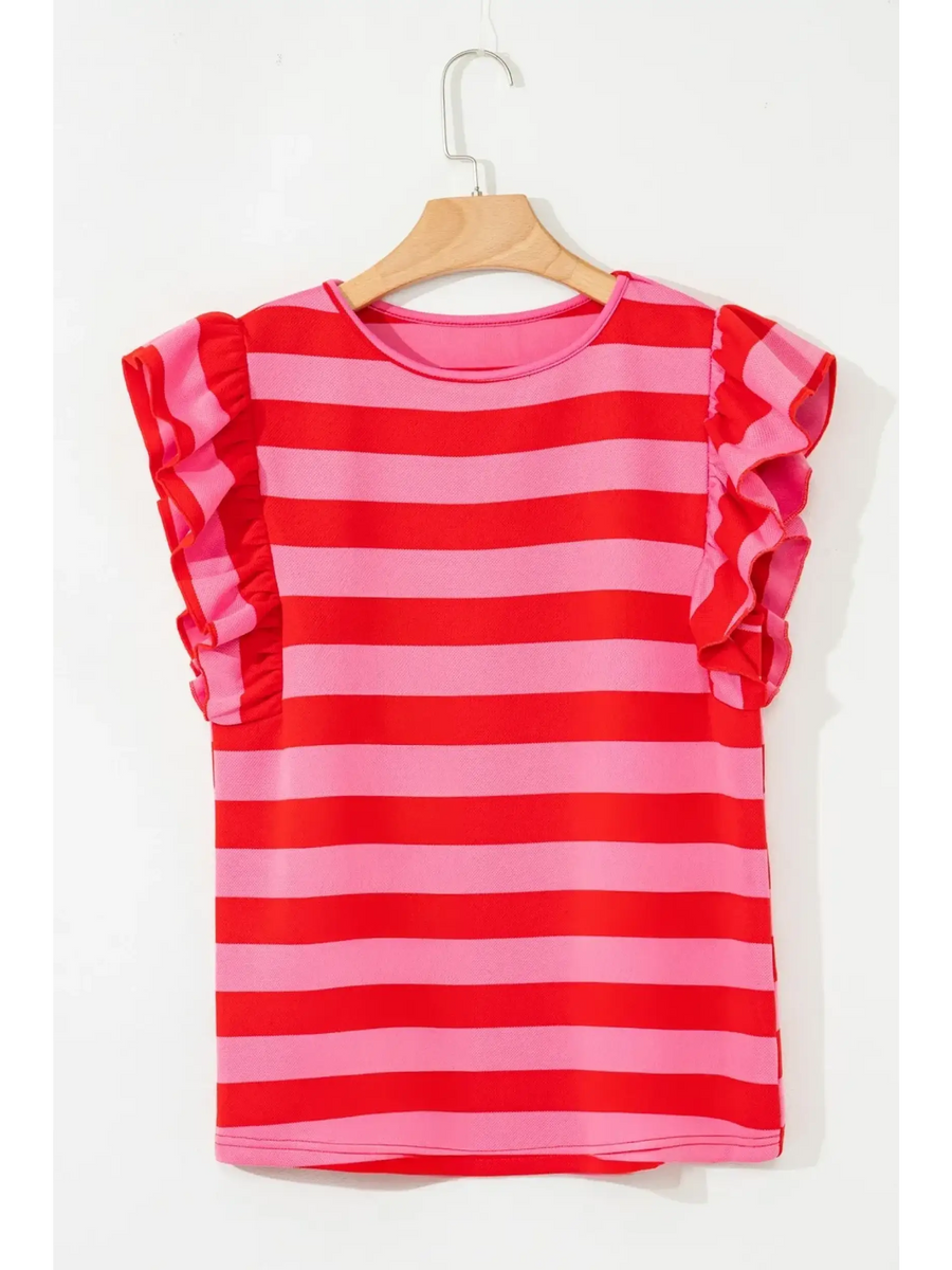 Trendsi sleeveless striped ruffle sleeve summer top in red and pink horizontal stripes