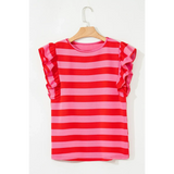 Trendsi sleeveless striped ruffle sleeve summer top in red and pink horizontal stripes