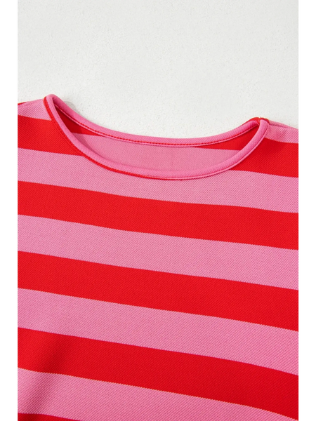 Close-up of red and pink striped ruffle sleeve summer top neckline by Trendsi