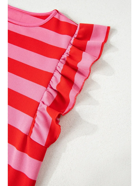 Trendsi striped ruffle sleeve summer top in red and pink with sleeveless design