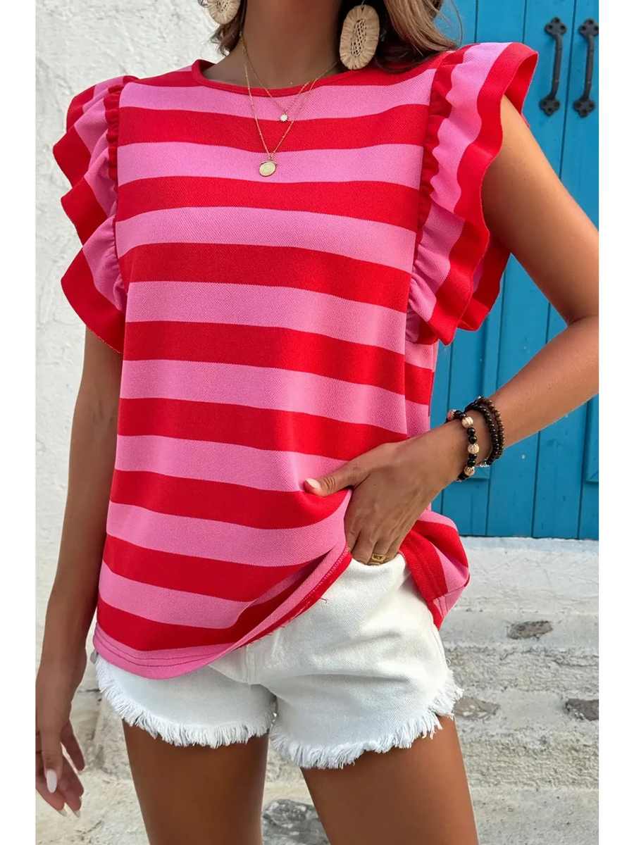Trendsi striped ruffle sleeve summer top sleeveless pink and red casual outfit