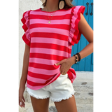 Trendsi striped ruffle sleeve summer top sleeveless pink and red casual outfit