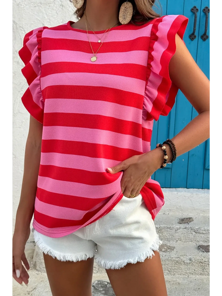 Trendsi striped ruffle sleeve summer top sleeveless pink and red casual outfit