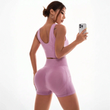 Trendsi summer workout clothes set in light purple sleeveless crop top and high-waisted shorts
