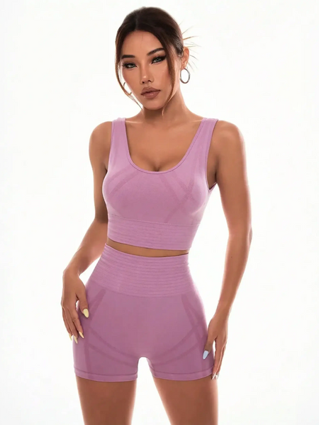 Trendsi pink seamless summer workout clothes set featuring a sleeveless crop top and high-waisted shorts