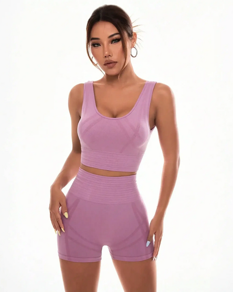 Trendsi pink seamless summer workout clothes set featuring a sleeveless crop top and high-waisted shorts