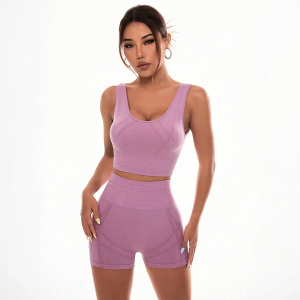 Trendsi pink seamless summer workout clothes set featuring a sleeveless crop top and high-waisted shorts