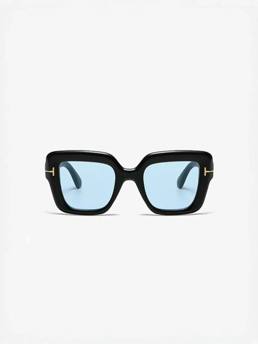 Black-framed sunglasses with blue lenses perfect for beach vacations and beach styles