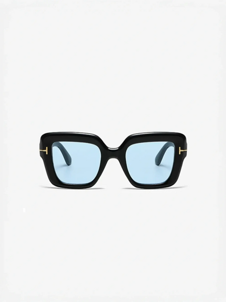 Black-framed sunglasses with blue lenses perfect for beach vacations and beach styles