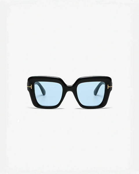 Black-framed sunglasses with blue lenses perfect for beach vacations and beach styles