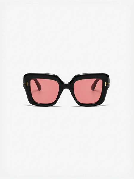 Black-framed sunglasses with pink lenses for beach vacations and cool beach styles