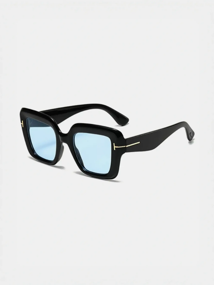 Black square sunglasses with blue lenses perfect for beach vacations and beach styles
