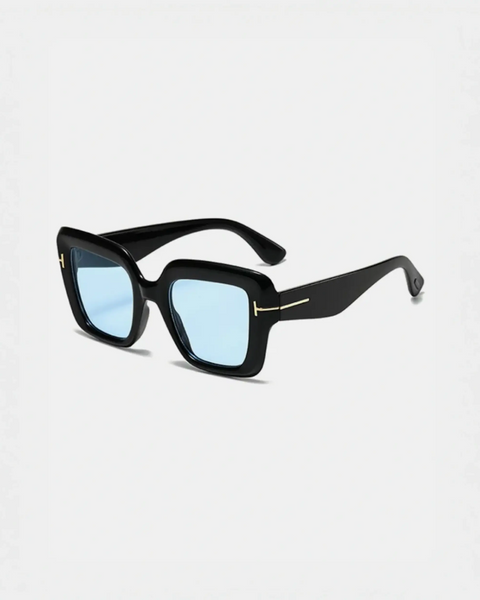 Black square sunglasses with blue lenses perfect for beach vacations and beach styles