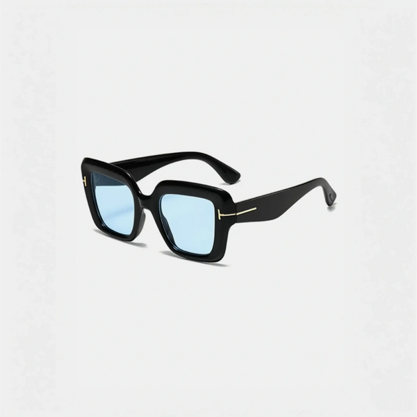 Black square sunglasses with blue lenses perfect for beach vacations and beach styles