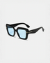 Black square sunglasses with blue lenses perfect for beach vacations and beach styles