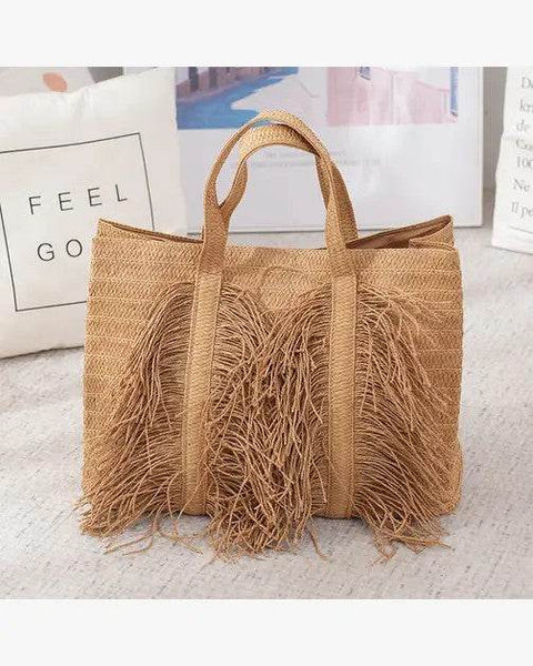 Babe Beachwear Super Boho Fringe Woven Tote bag in natural tan color with fringe details