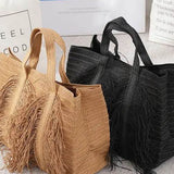 Babe Beachwear Super Boho Fringe Woven Tote bag in tan and black with decorative fringes